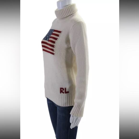 RALPH LAUREN Flag Cashmere Turtleneck Sweater - Cream S Small Purple Label - Picture 5 of 12
